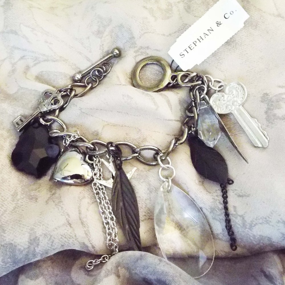 STEPHAN & CO ACRYLIC FEATHERS, HEART, DOVE, KEYS SILVER CHARM BRACELETS *NWT* 32